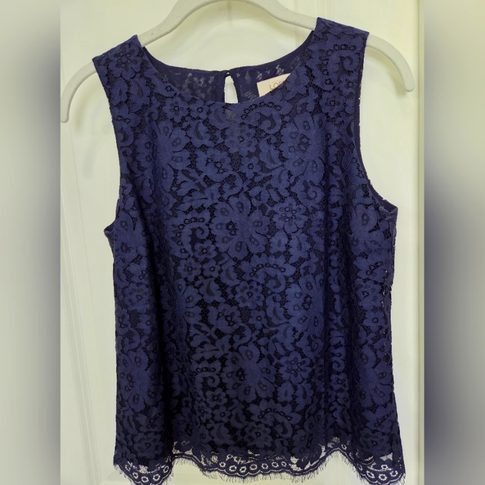 Loft Navy Lace Sleeveless Top, Petite XS